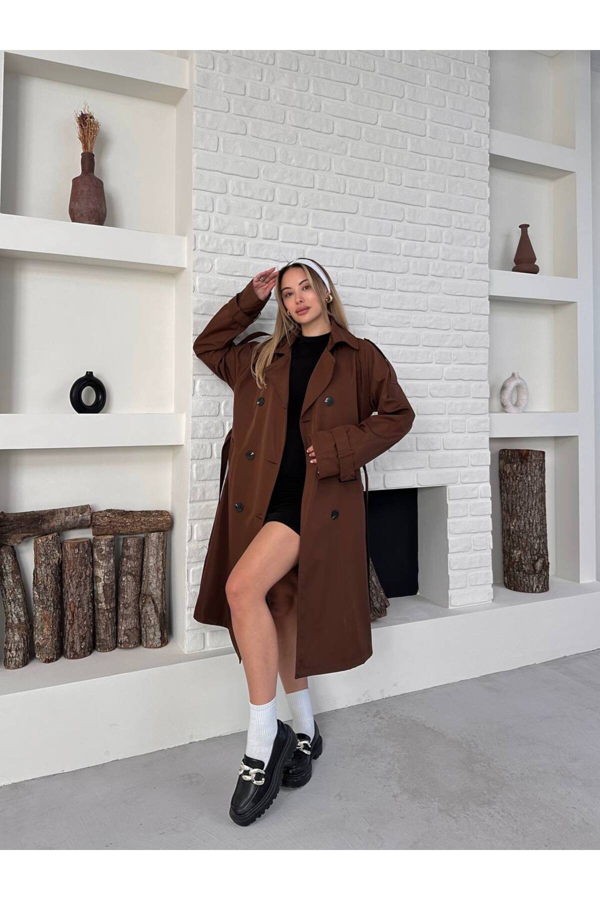 Kadın Beli Kemer Detay Uzun Trençkot
