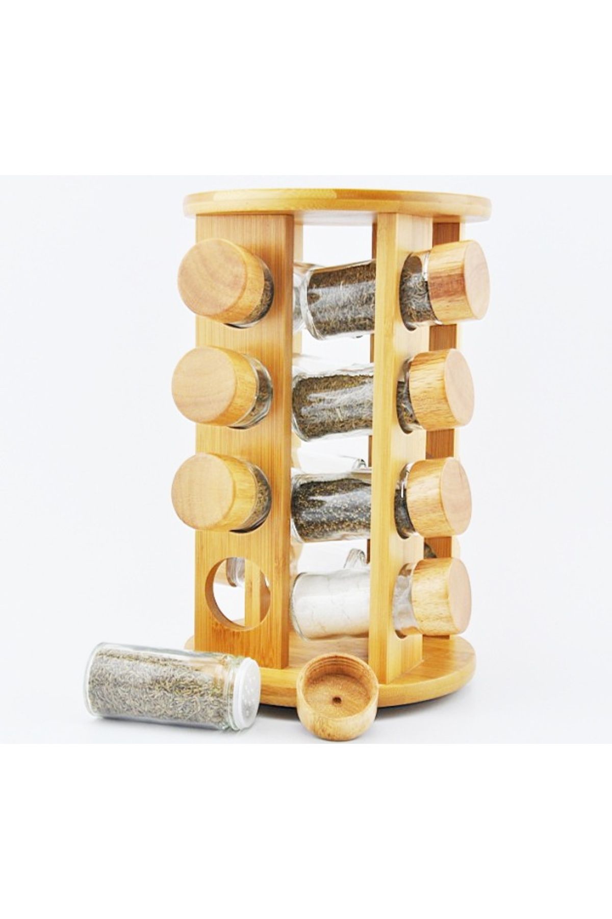 GENERAL-Bamboo seasoning rack set with moisture-proof glass bottles and wooden lids 1