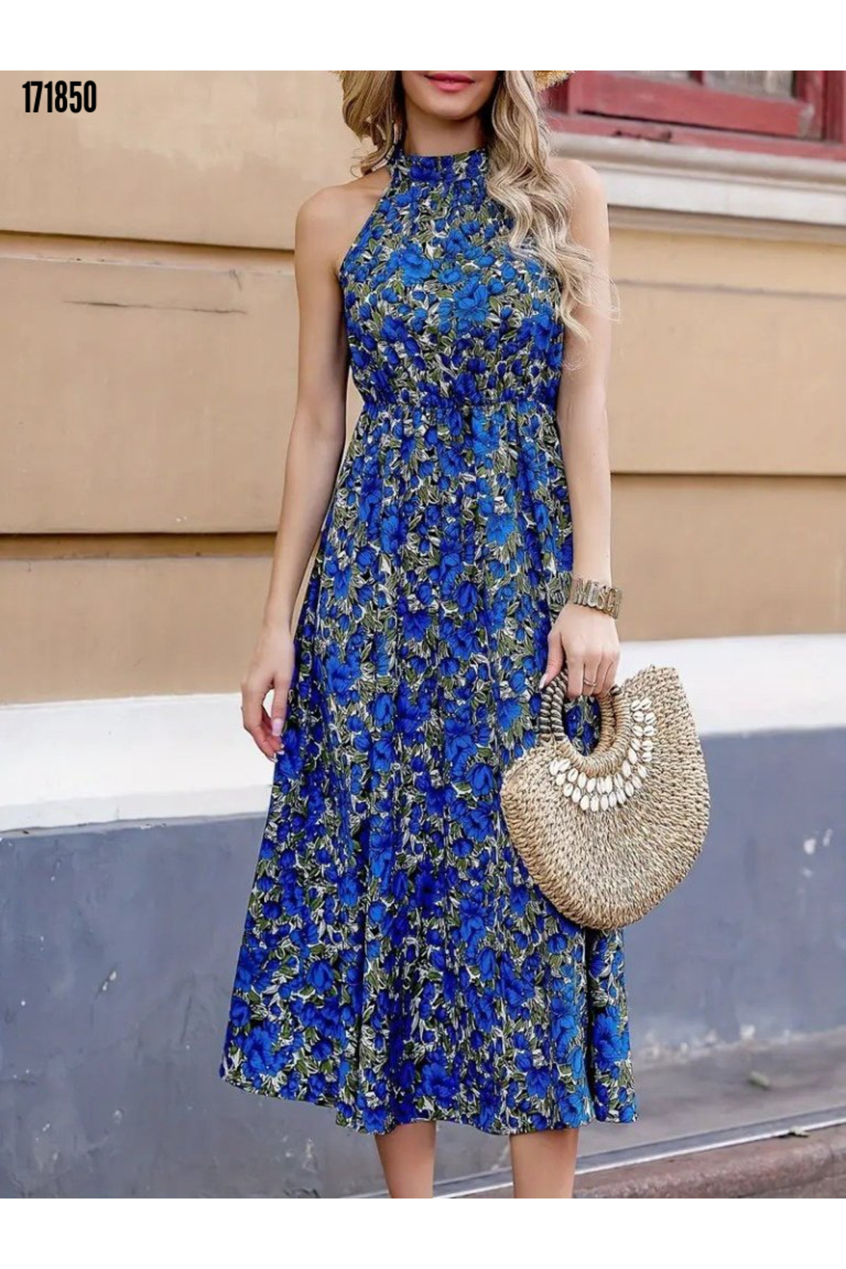 Modayakamoz  Otantik Desenli Kadın Elbise - Kolsuz Halter Yaka Beli Lastikli Mikro Kumaş - Görsel 5