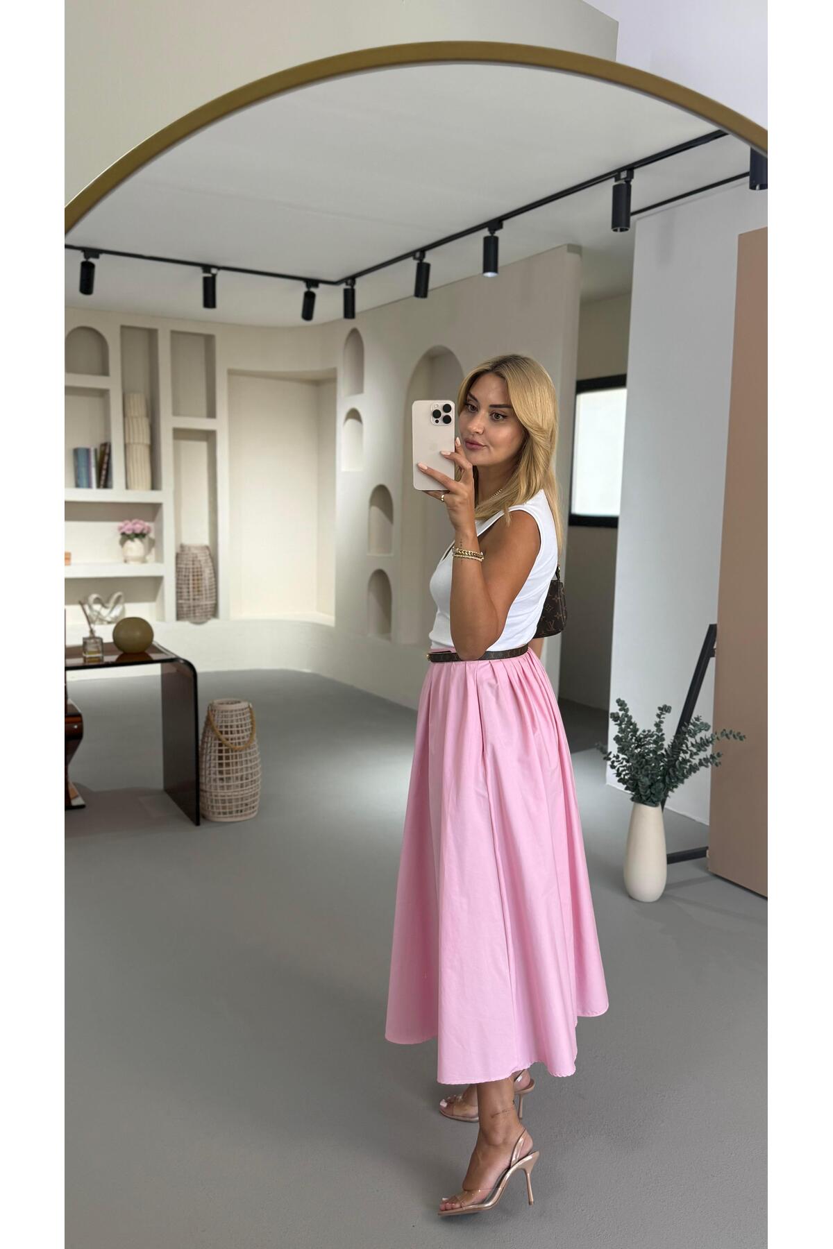 Sezgi Tekin  Premium Seri Piliseli Pembe Poplin Çan Etek - Görsel 3