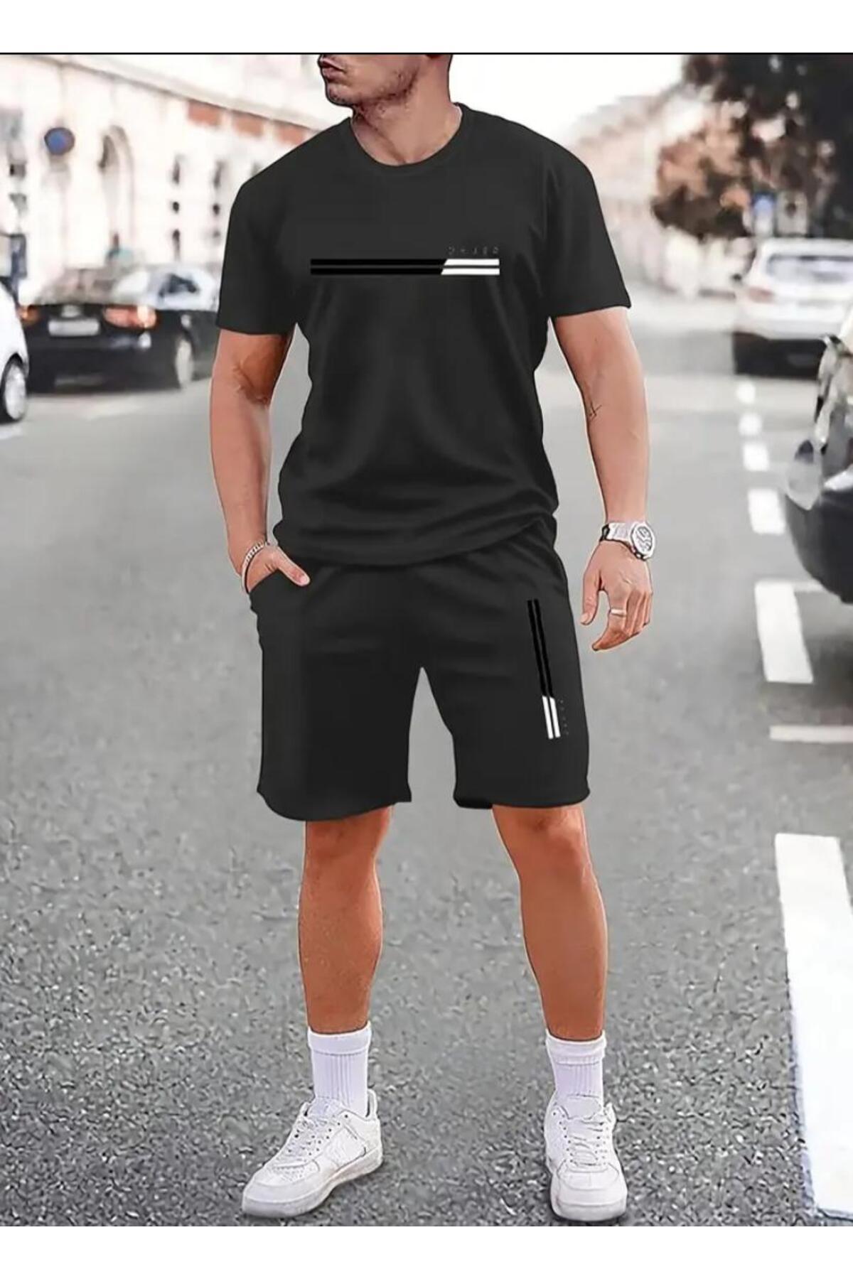 Marco Fresco  Erkek Siyah Paris Çizgili Şort T-Shirt Takım