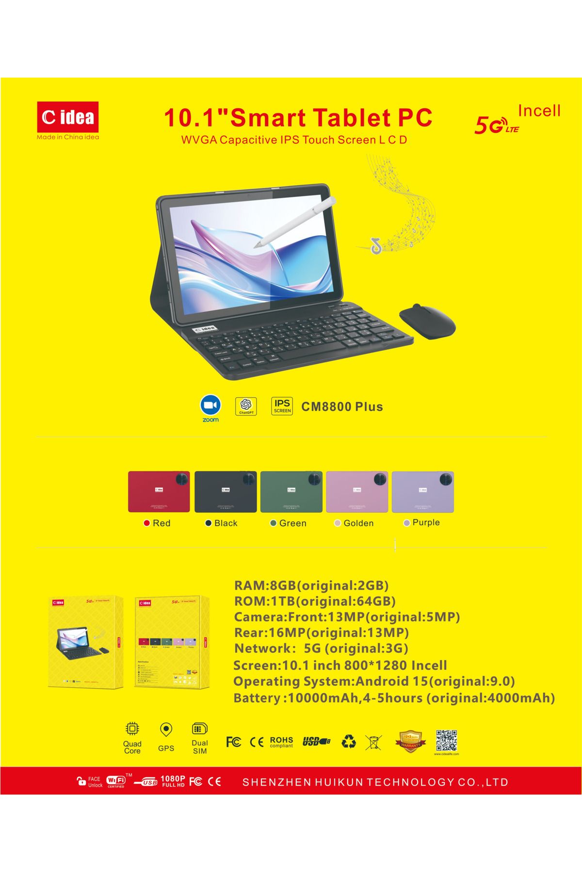 CIDEA-CM8800 Plus 10.1" Smart Tablet PC – Android, Quad Core, Dual Camera, WiFi 2