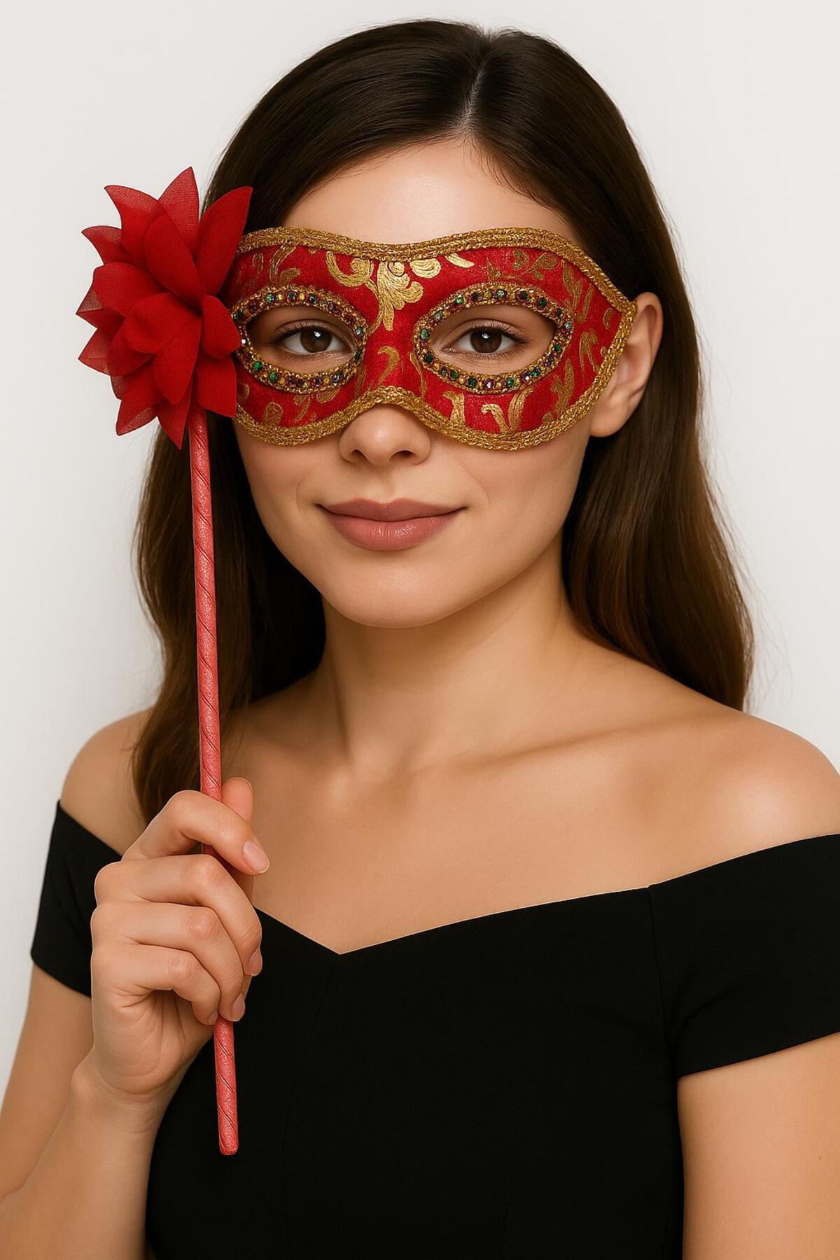 Go İthalat Lüks Taşlı Saplı Maskeli Balo Maskesi Kırmızı Renk 35 cm (5332)