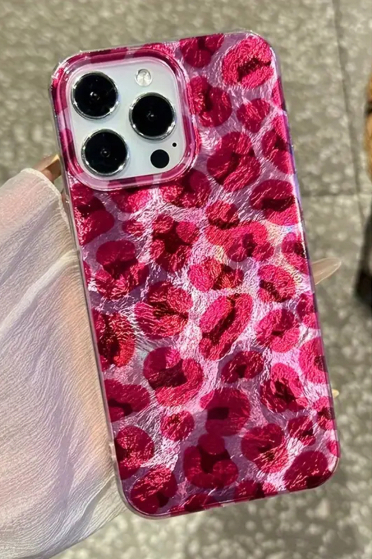 EDELFU-iPhone 15 Pro Max Aurora Red Leopard Pattern Glossy Transparent Phone Case with Sides 1