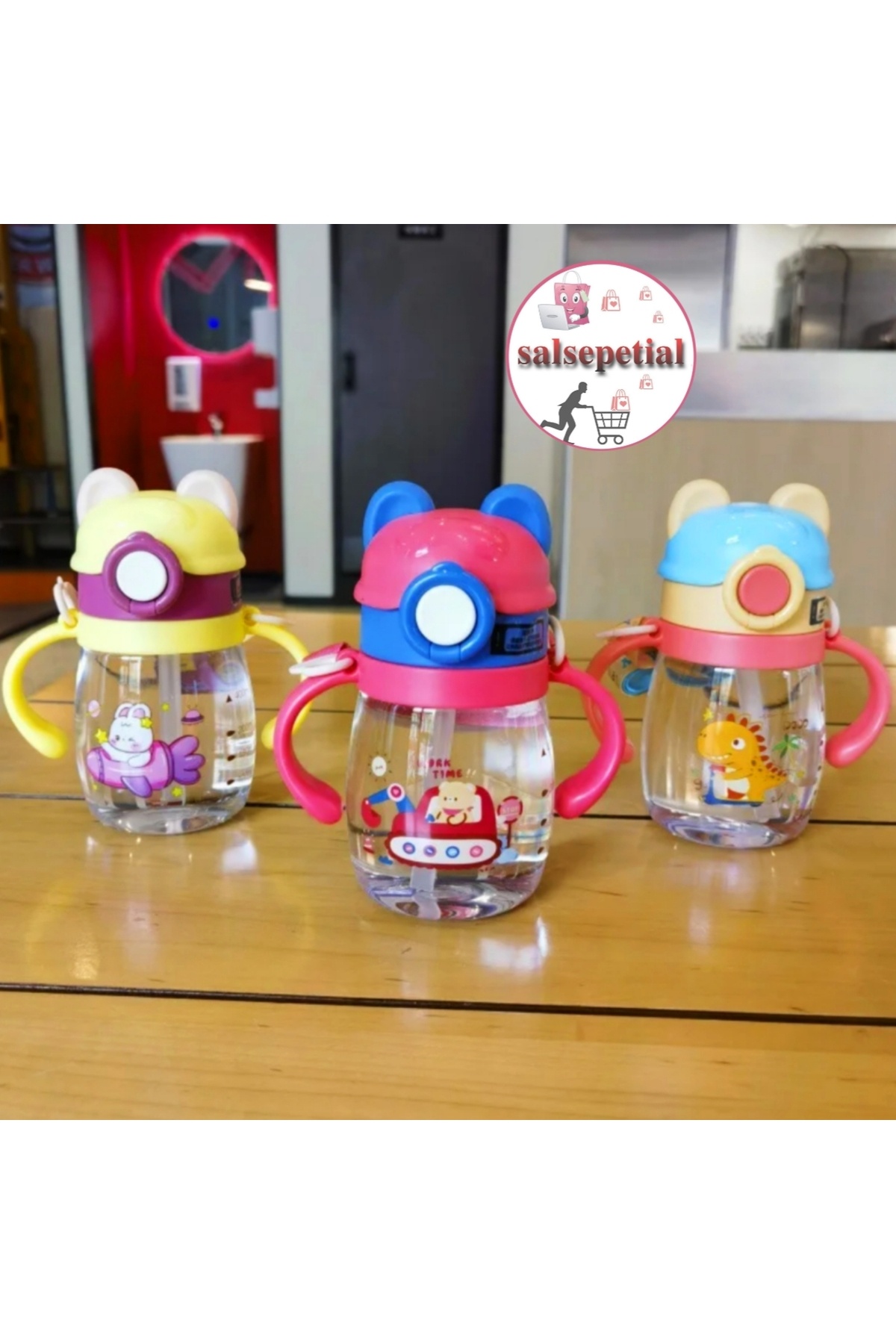 Salsepetial 400ml Dinozor Figürlü Pipeti Suluk Bebek Matara Askılı Sevimli Su Şişesi Bebek Pipetli Biberon fotoğrafı 3 (önizleme)