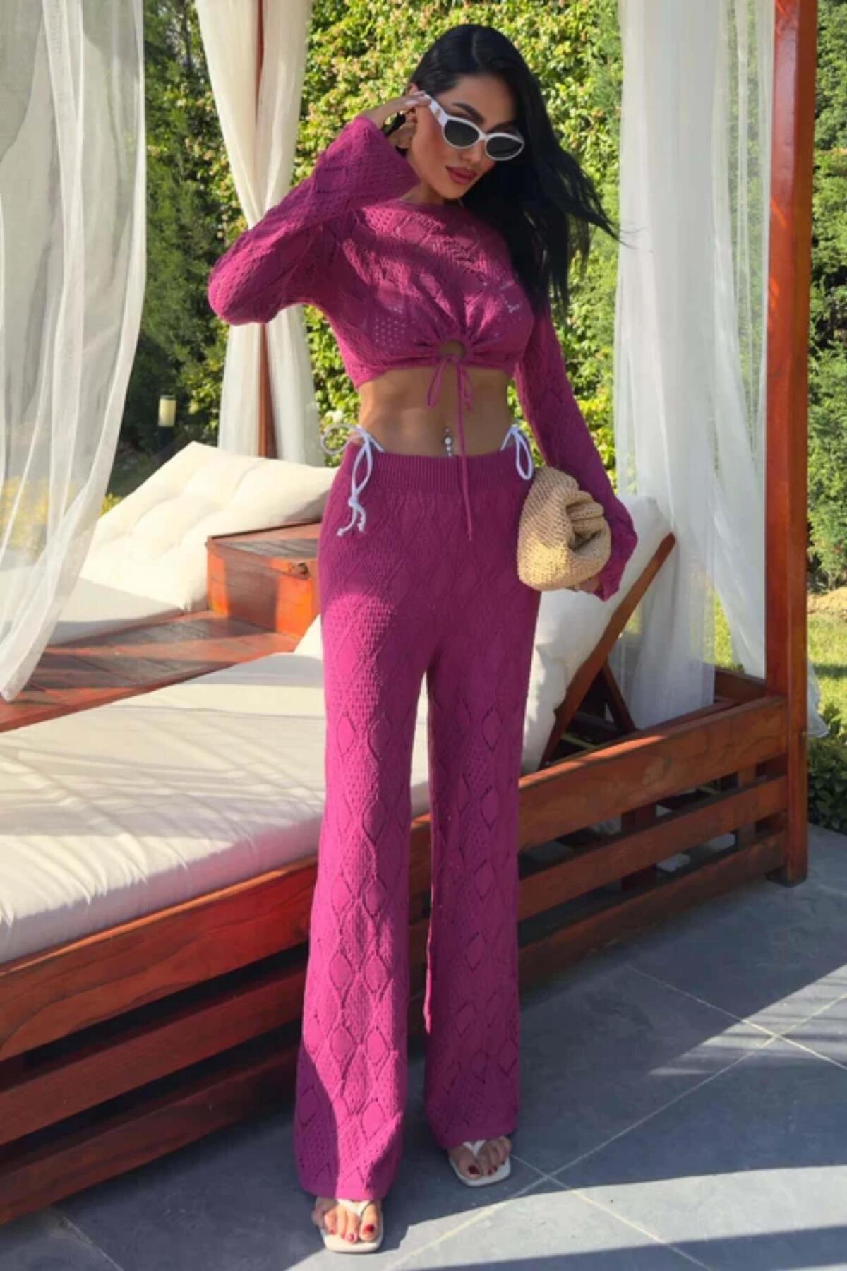 Genel Markalar Göğüs Bağcık Detaylı Ajurlu Bluz Pantolon Takım 10098