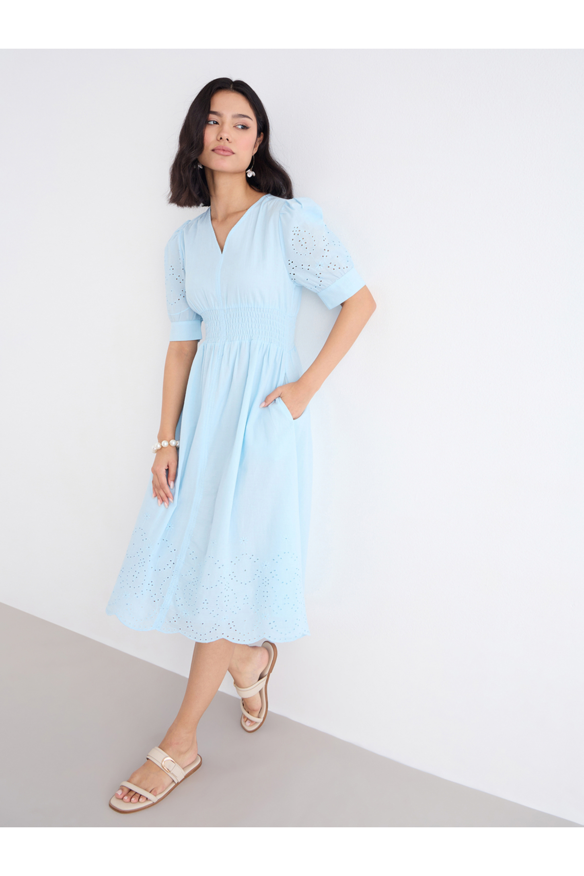 Styli Women Light Blue Schiffli V Neck A-Line Mid Dress