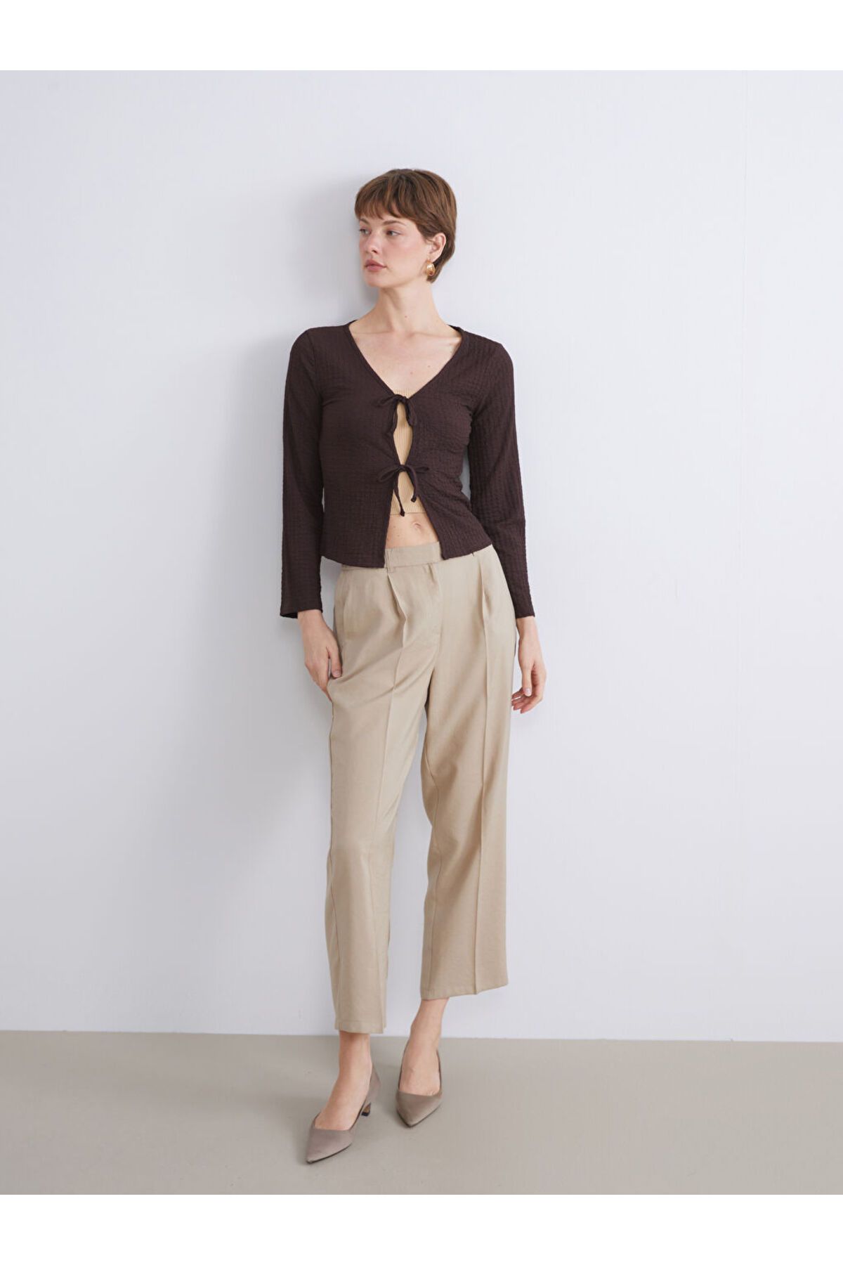 LC Waikiki-Sparkling Selections from Shining Store |   V-Neck Tied Textured Blouse 2