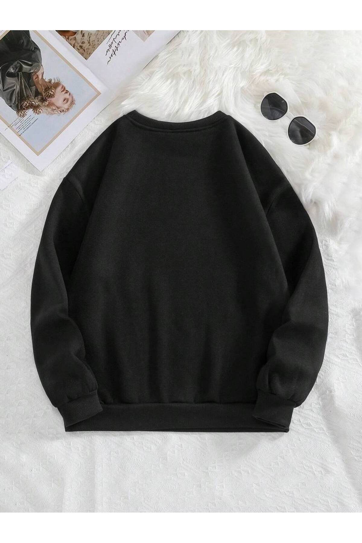 Unisex Leopar Desenli Kurdele Baskılı Oversize Sweatshirt — مشکی 0YAKA-LEOKURDELE — تصویر 2 از 3