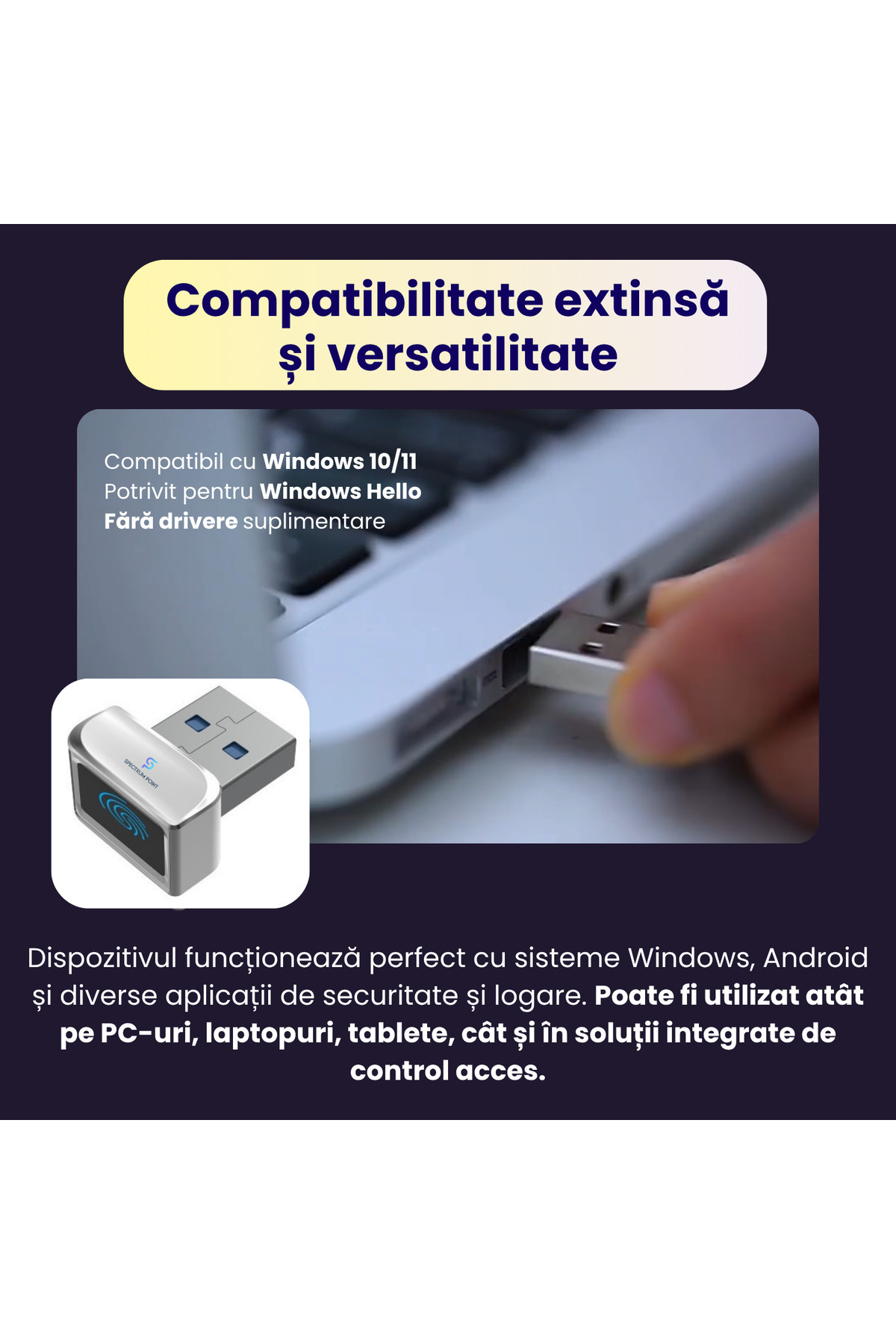 SpectrumPoint-USB fingerprint reader model U6, compatible with Windows and Android, plug & play installation, gray 4