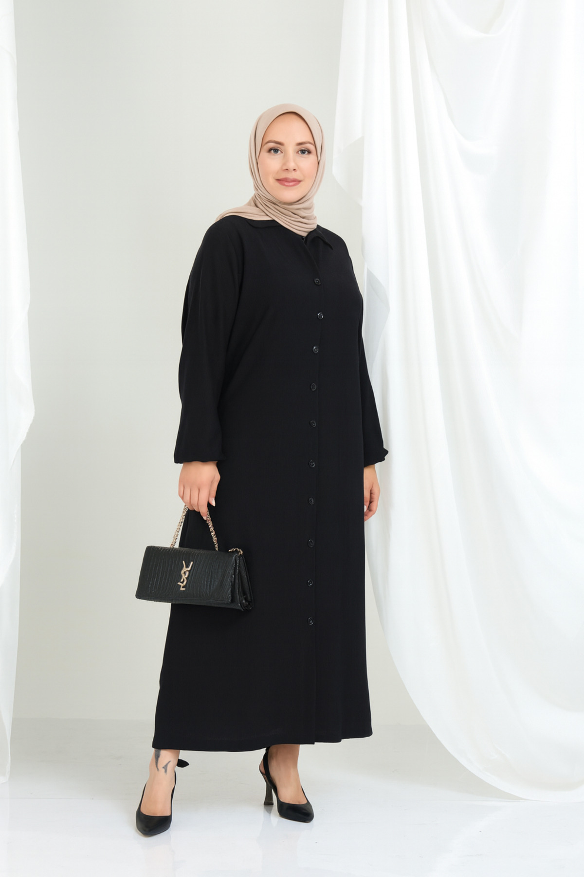 Genel Markalar Bürümcük Kumaş Gömlek Yaka Boydan Düğmeli Uzun Elbise Tesettüre Uygun 2XL 6XL