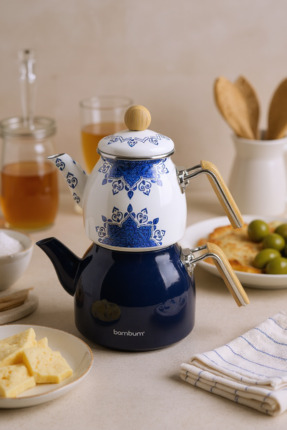 Bambum Unique Bambu Kulplu Emaye Çaydanlık Takımı Lacivert