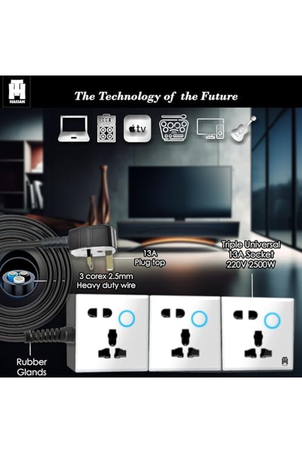 HASSAN-PowerHub Pro Triple Extension Board with Universal Glass Sockets - Robust Performance Elegant 4
