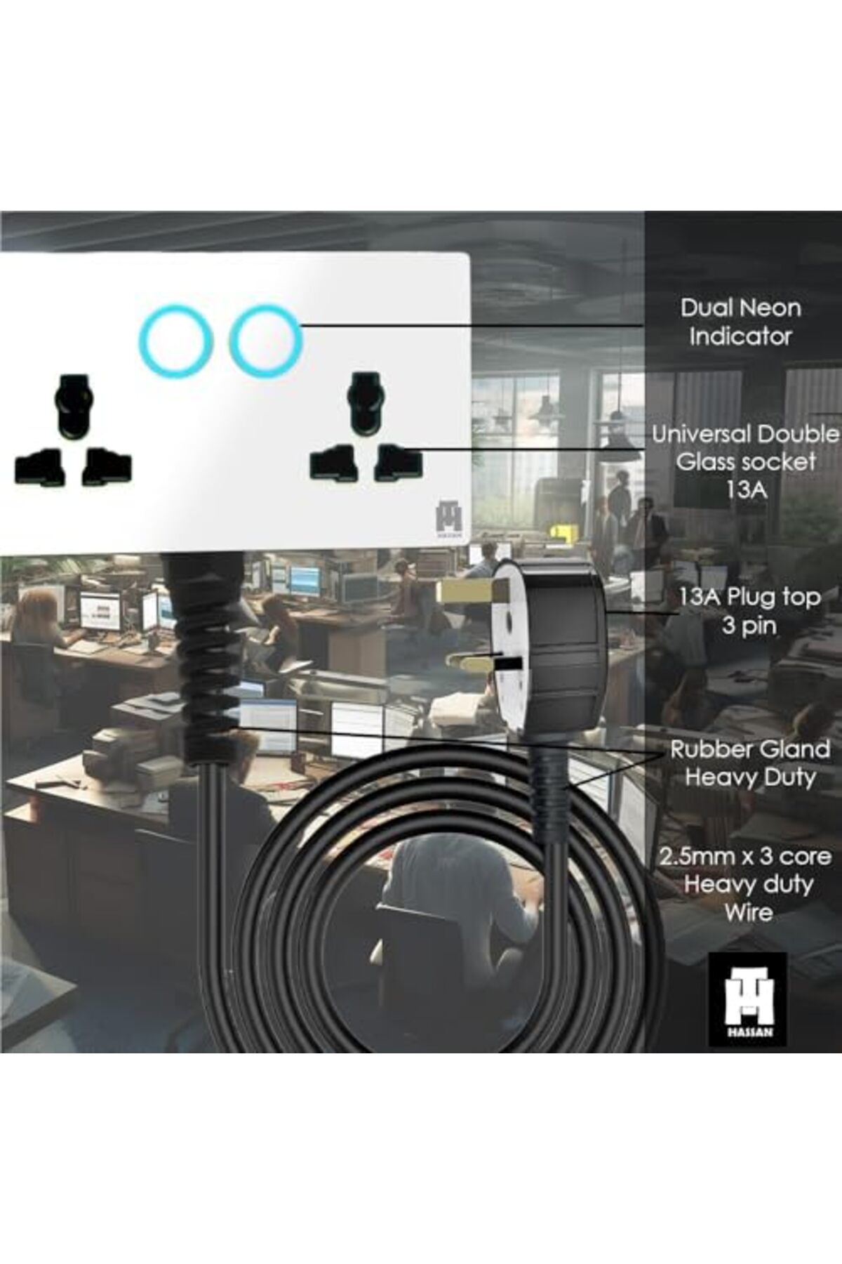 HASSAN-'s Dual Neon Indicator Extension with 13A Double Universal Glass Socket, Premium Tempered Fini 2