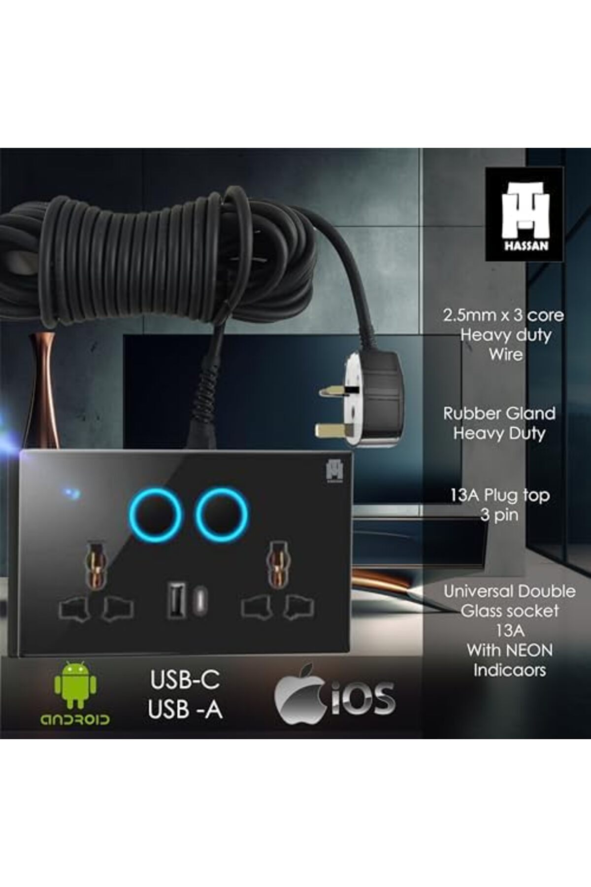 HASSAN-USB-C & USB-A Dual Universal Socket Extension with Neon Indicator - 5V 2.1A Power and Long Co 4