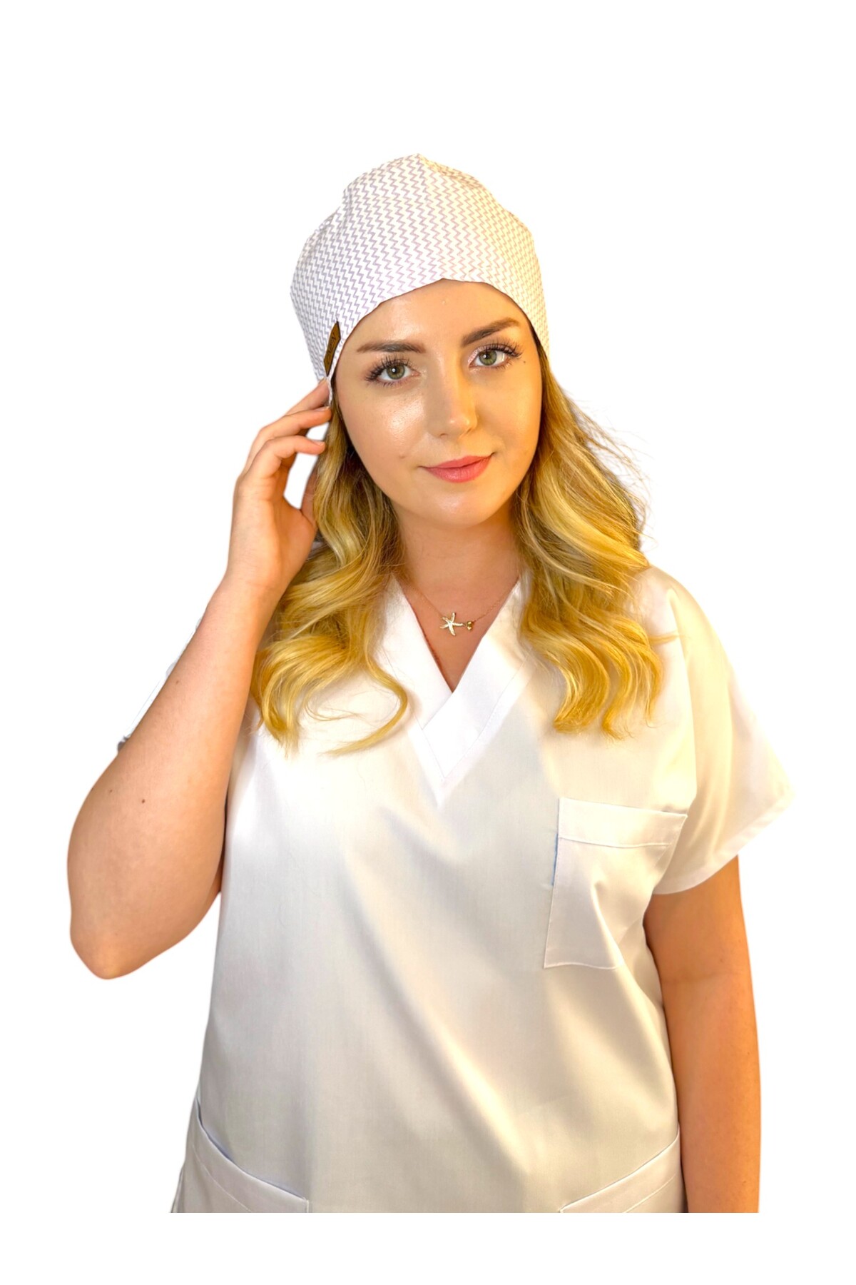 Cotton Poplin Surgical Bonnet with Lilac Zigzag Pattern and Adjustable | Hospital and Chef's Cap
