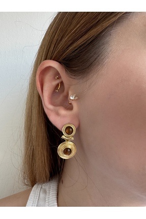 Gilia Jewelry Kahverengi Taşlı Vintage Küpe