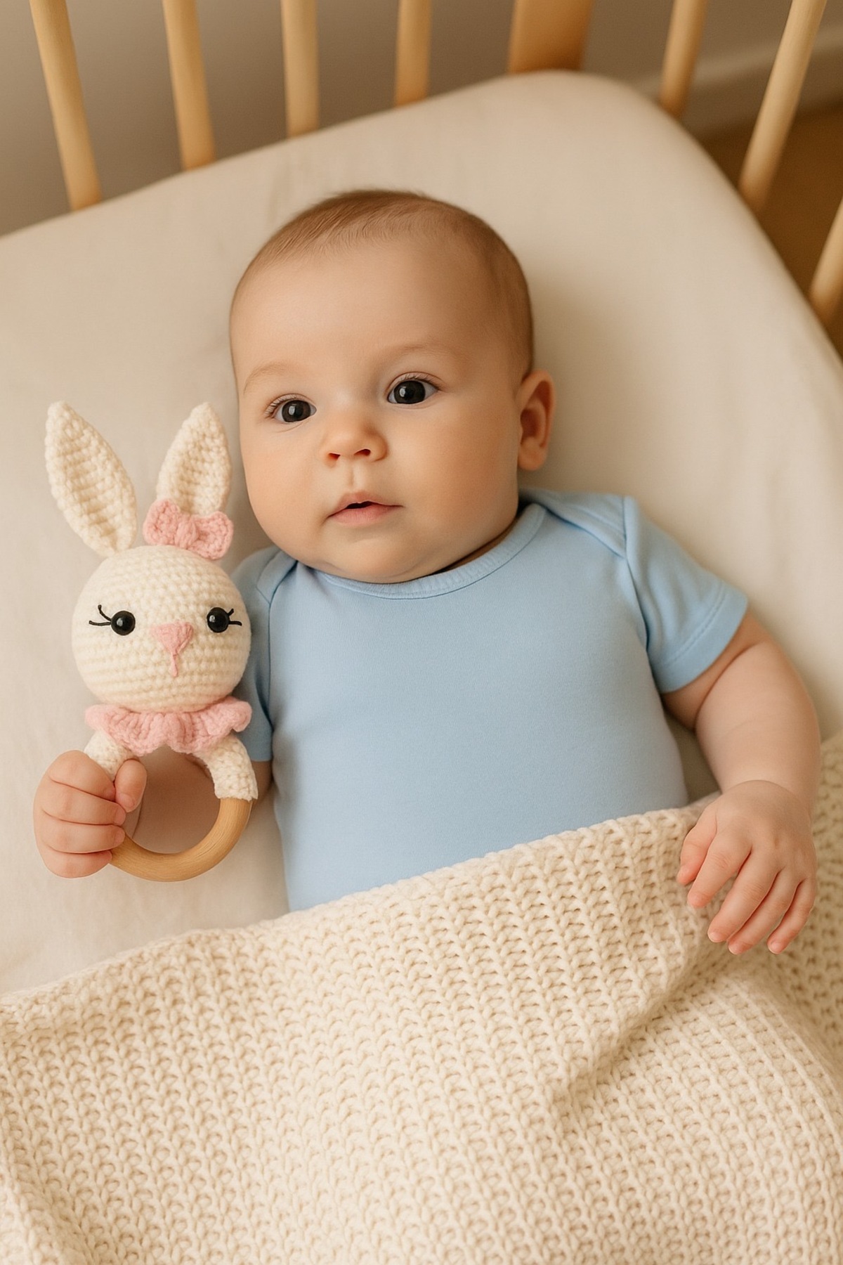 Naturel Bebek Pamuklu Amigurumi Çıngıraklı Tavşan Model Bebek Diş Kaşıyıcı fotoğrafı 4 (önizleme)