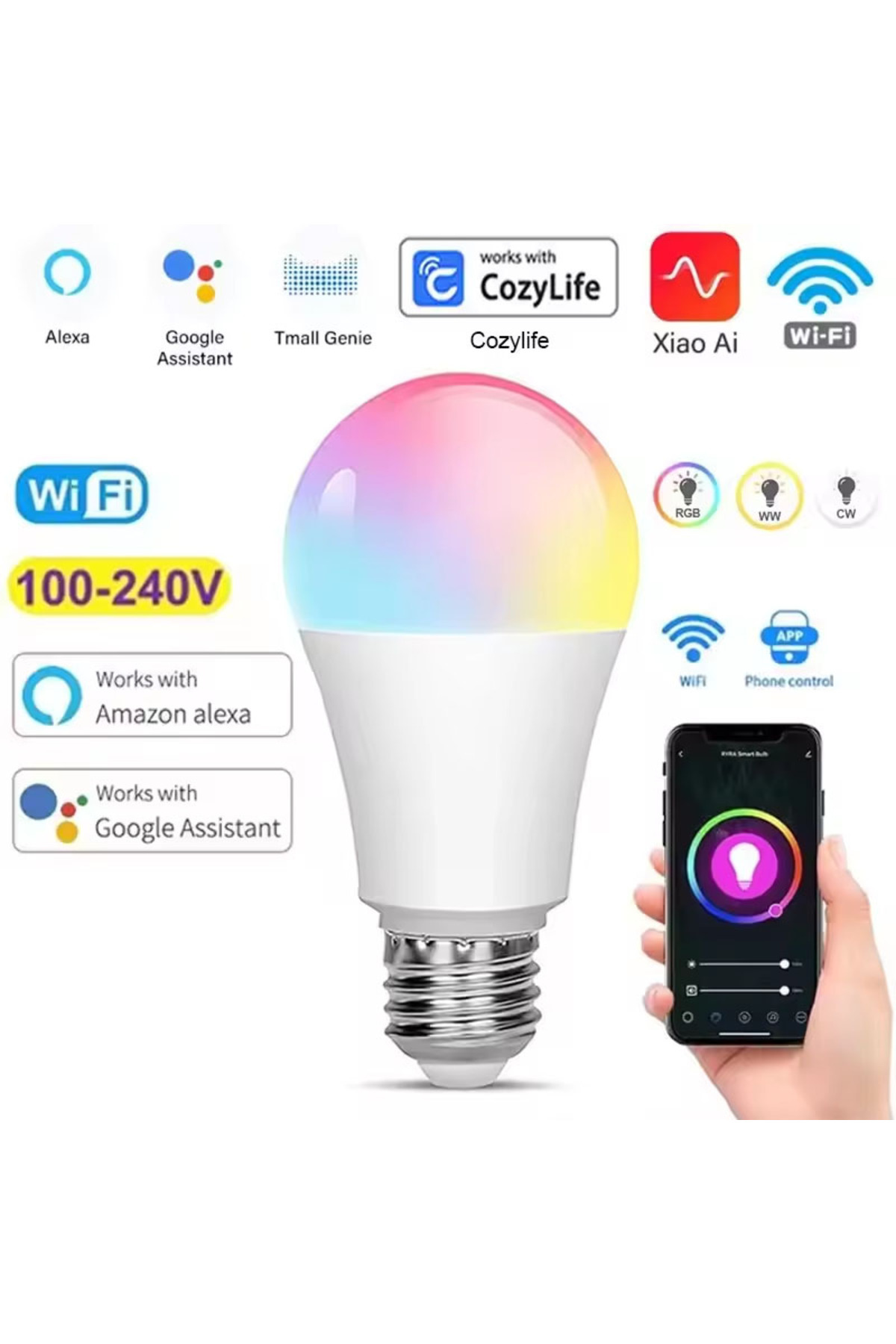 Choice-Smart Bulb Smart Bulb E27 9W WiFi Bubble Dimmable LED Light Voice Control Bulb RGBCW AC100-240V Smar 1
