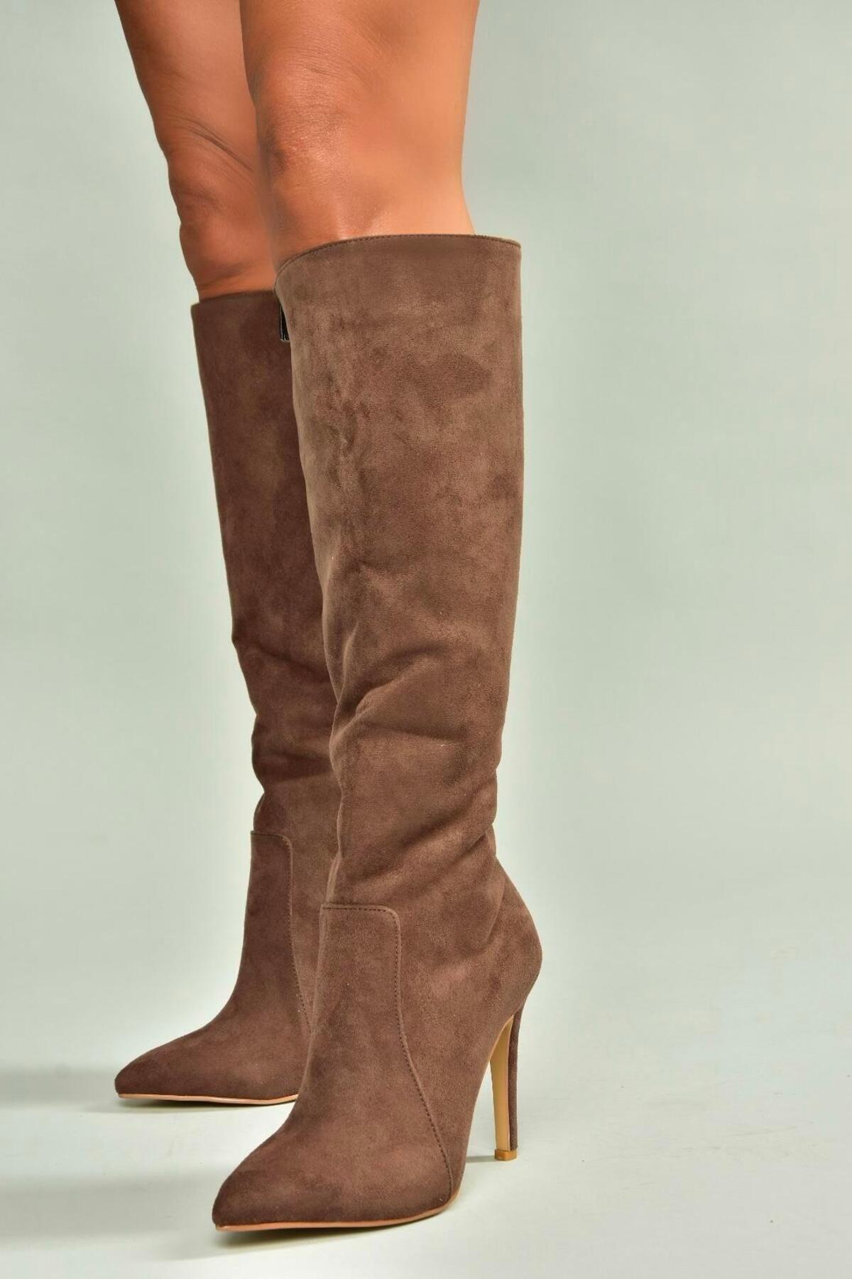 Fox Shoes N372530102 Kahverengi Süet İnce Topuklu Kadın Çizme görsel 2
