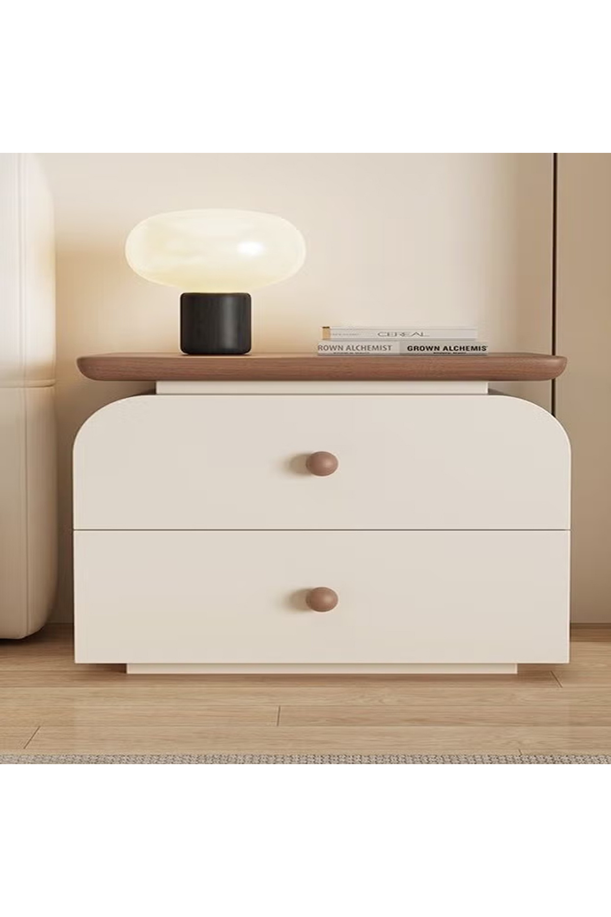 Raffine-Multipurpose Use Modern Round Edge Design Minimalist Design Solid Wood Bedside Table with Leather 1