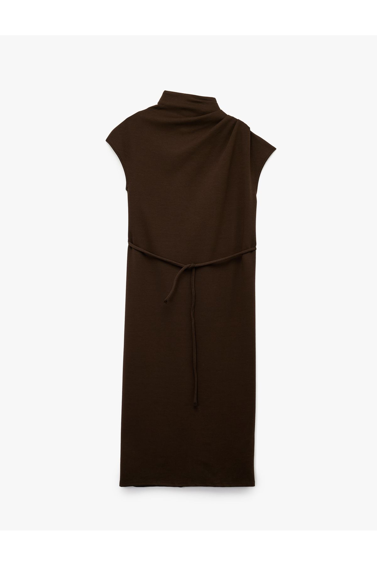 Slim Fit Kemerli Dik Yaka Drape Detaylı Kolsuz Midi Boy Elbise