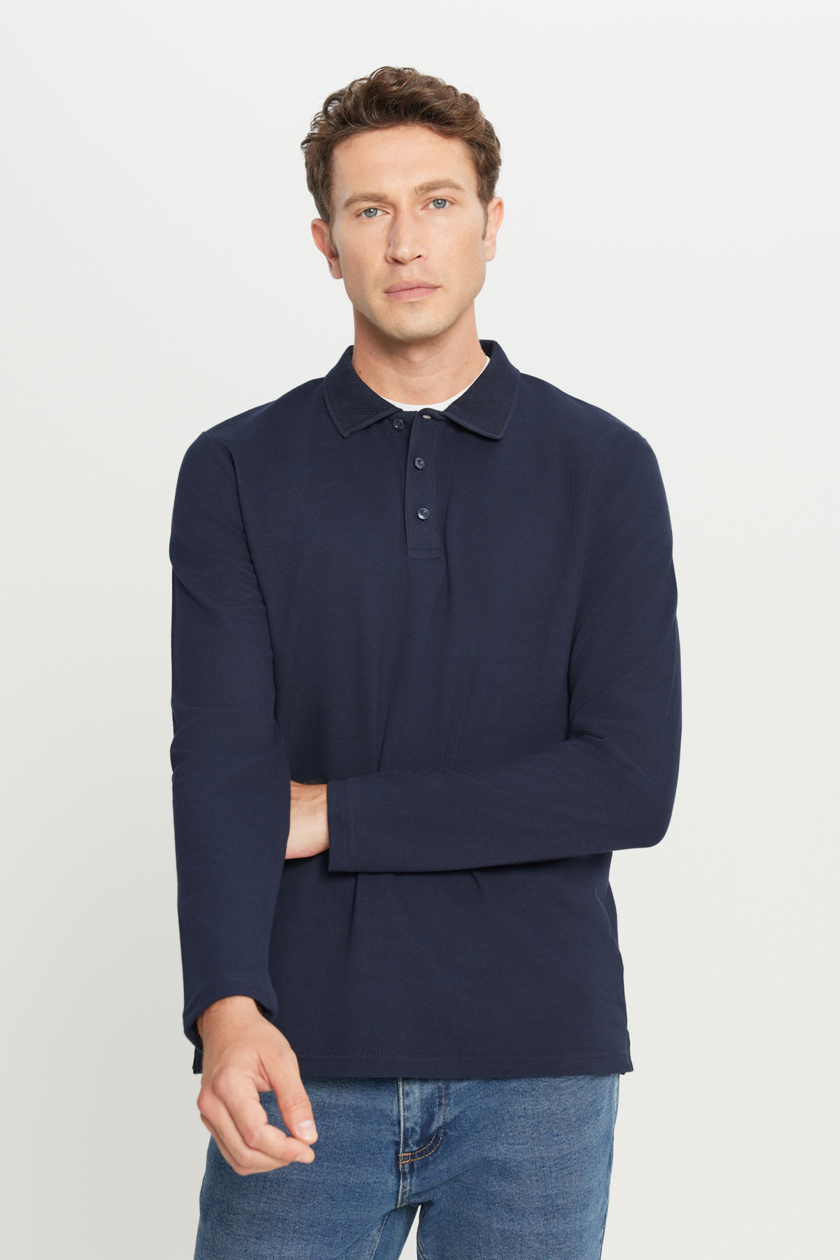 AC&Co / Altınyıldız Classics Erkek Lacivert %100 Pamuk Standart Fit Normal Kesim Polo Yaka Sweatshirt görsel 3