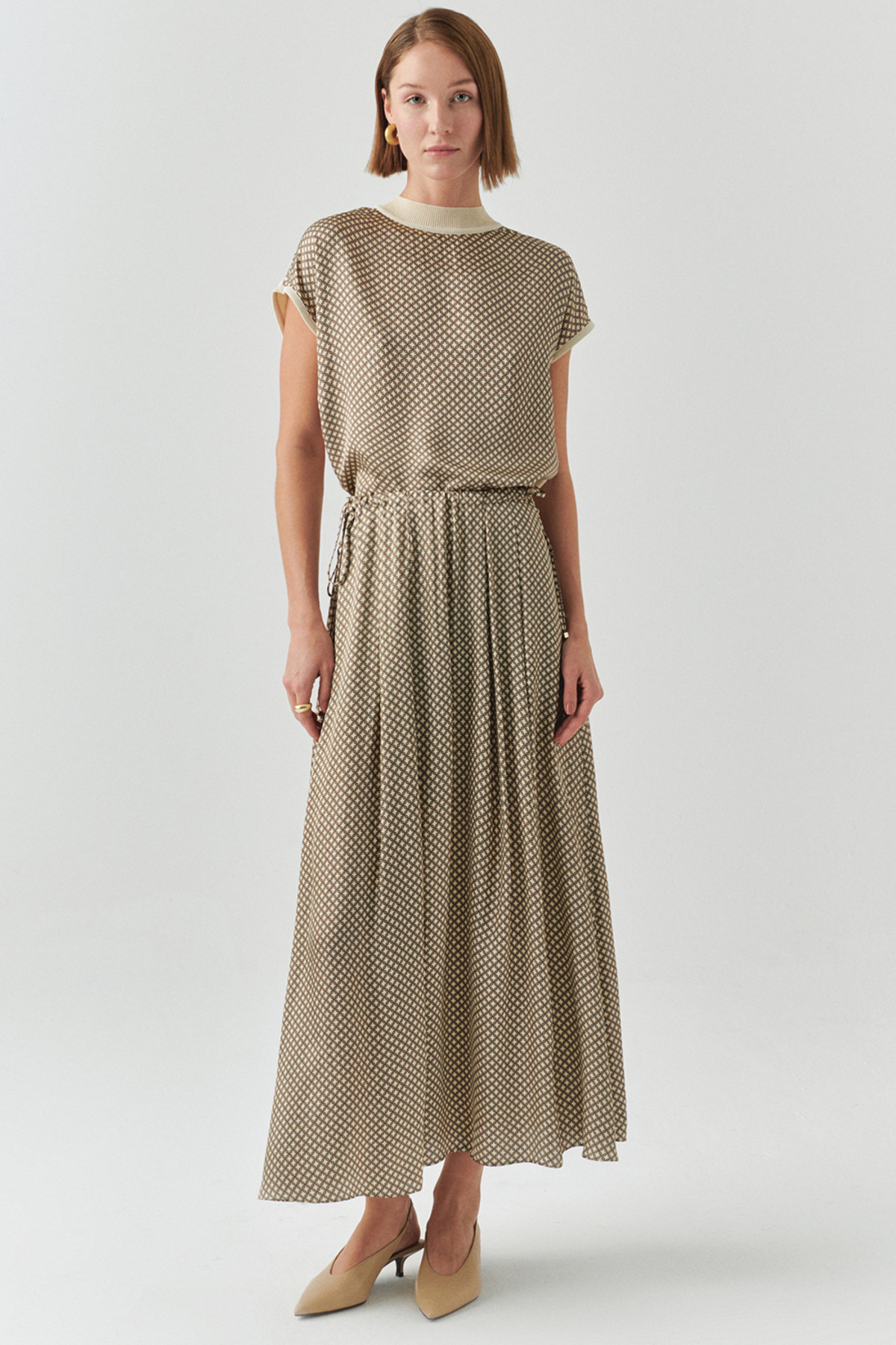 Exquise-Lace-Up Elastic Waist Patterned Regular Midi Multicolored Skirt 5