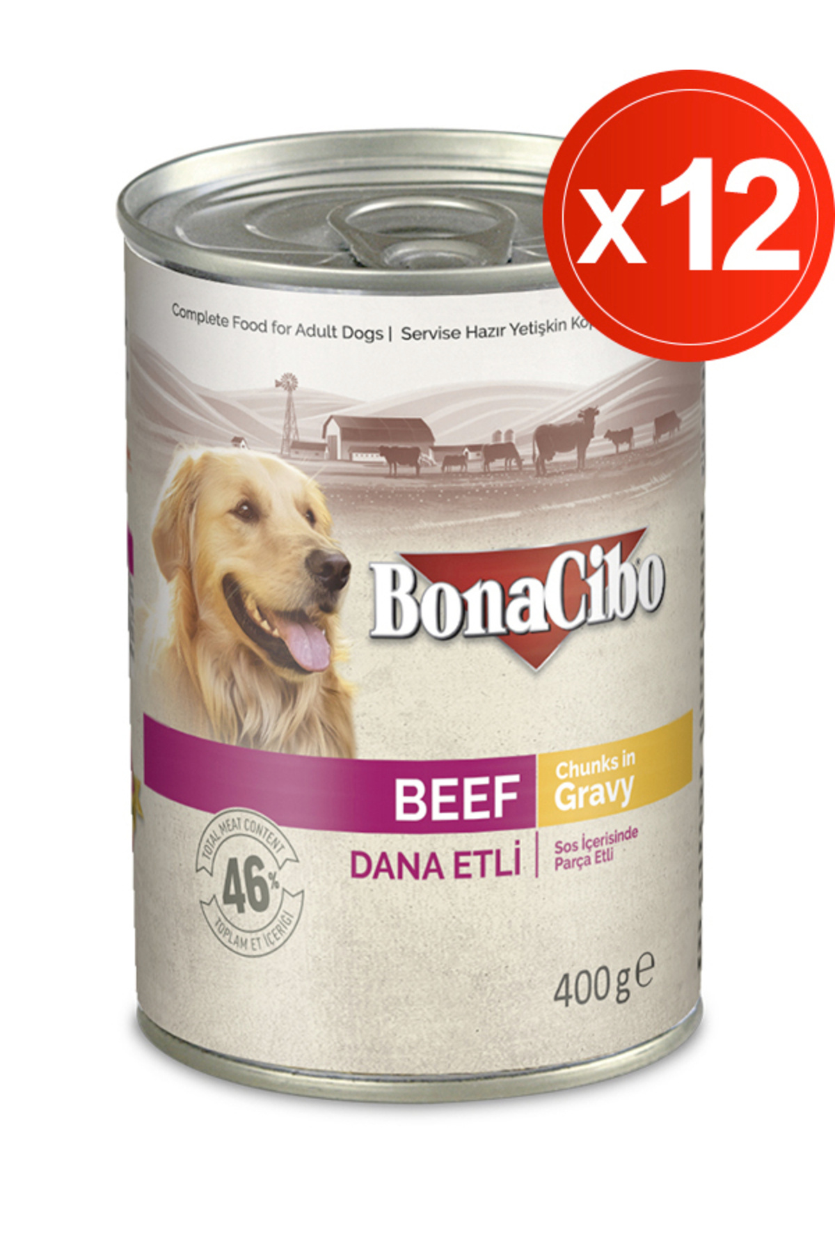 BonaCibo Soslu Dana Etli Yaş Köpek Maması, 400 Gr x 12 Adet, Tüm Irklar İçin, Doğal, Şeker İçermez