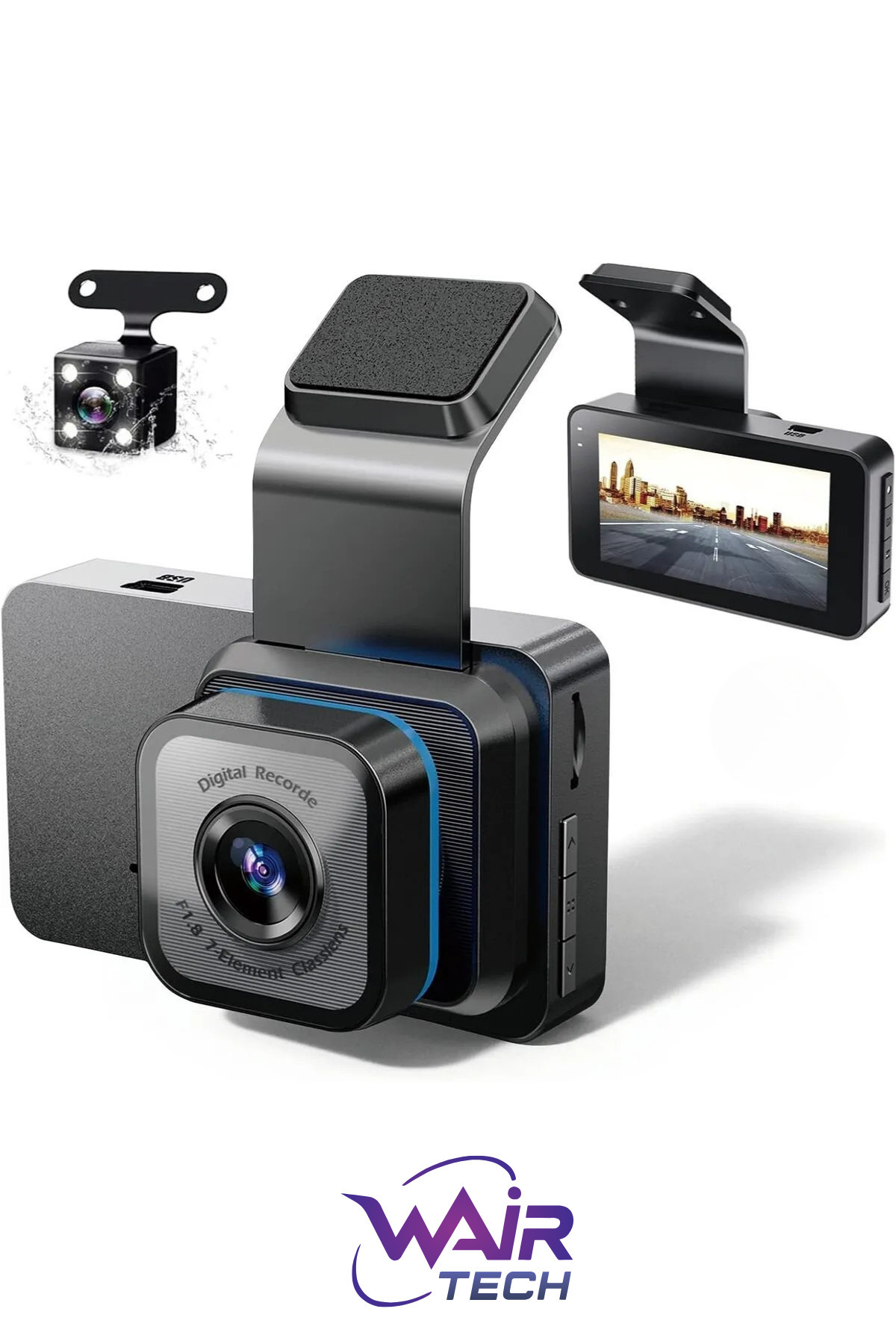 Wair Teknoloji Wifi G-Sensor Gece Görüşlü Ön Arka Kameralı 1296p HD Ekranlı Araç Kamerası