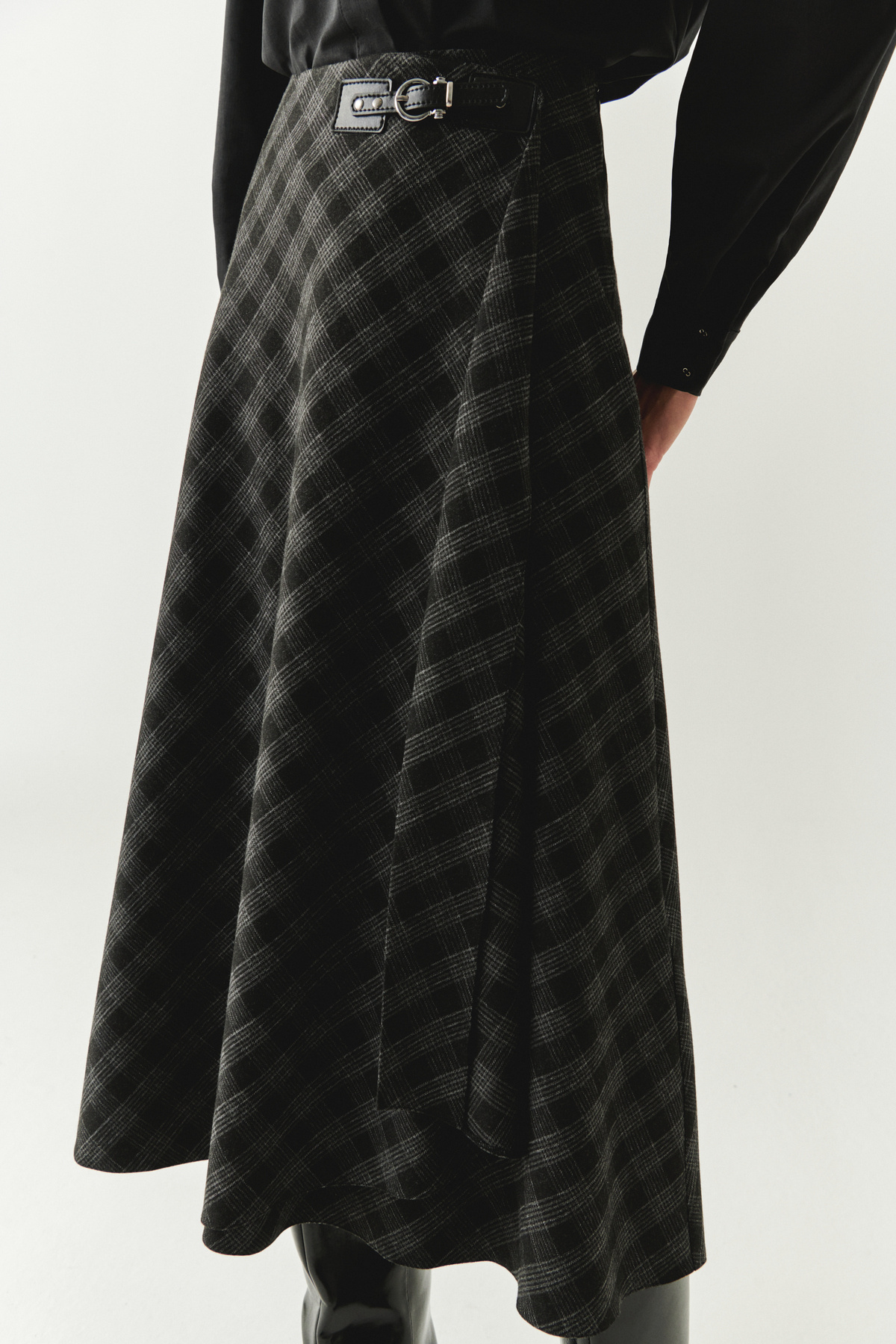 Exquise-Plaid Patterned Wrap Regular Midi Anthracite Skirt 5