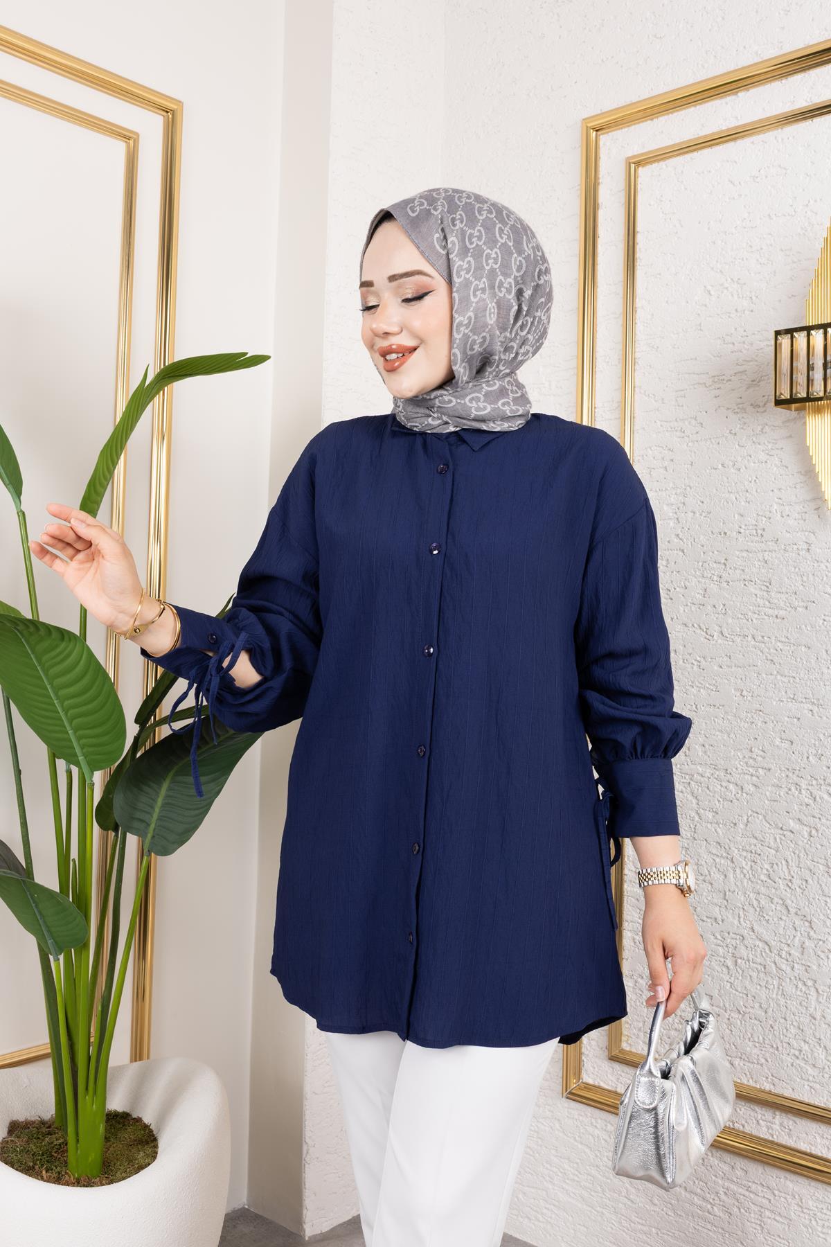 Moda Ebva Kolları Bağcık Detaylı Tesettür Tunik-5218 Lacivert