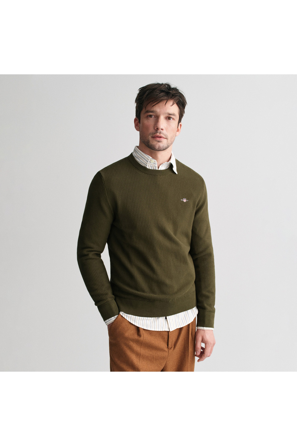 گنت ژاکت یقه گرد مردانه سبز معمولی فیت