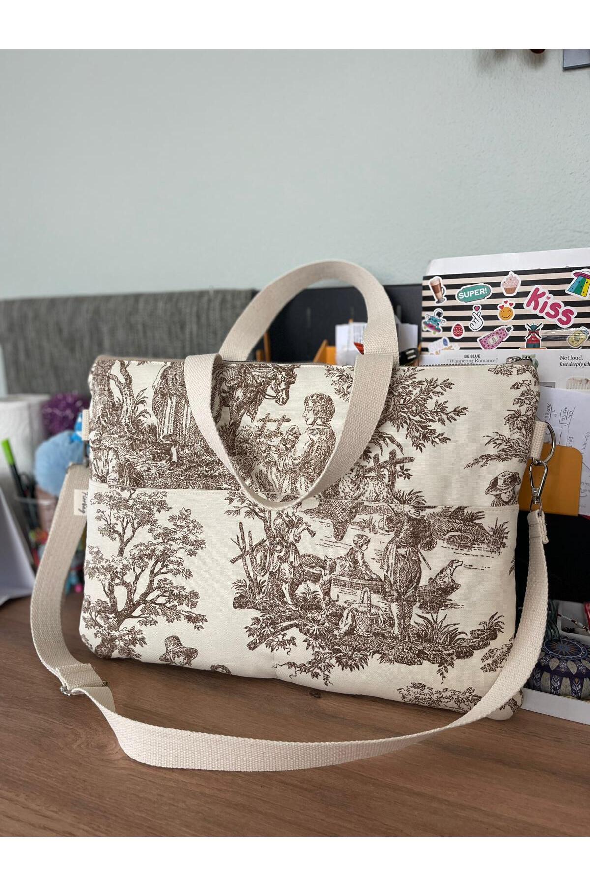 Fiorbag Toile de Jouy Desenli 15.6 İnç Notebook Çantası - El Yapımı Kadın Kol Çantası Astarlı