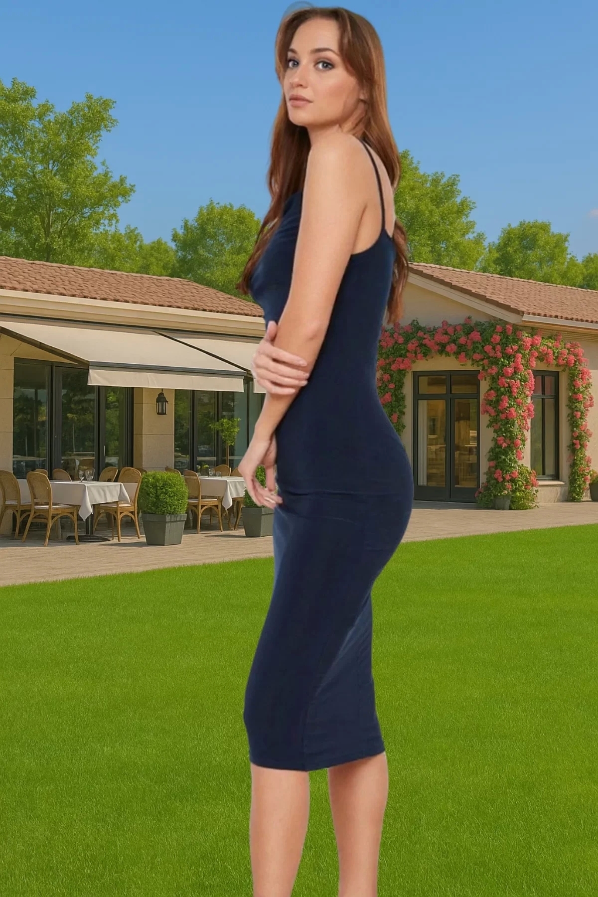 Kadın Midi Boy Bodycon Elbise İnce Askılı Degaje Yaka Rahat Şık Günlük Yaz Aylarının Vazgeçilmezi