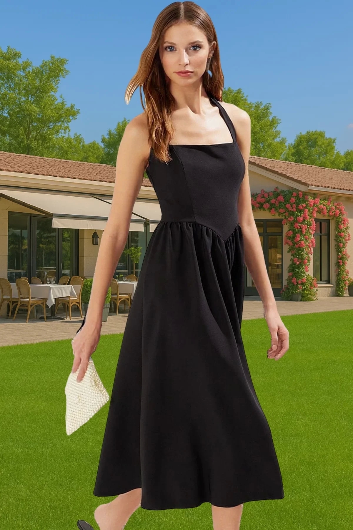 Kadın A Kesim Midi Abiye Elbise Fiyonk Detayli Modern Stil Günlük Kullanım Kaliteli Malzeme