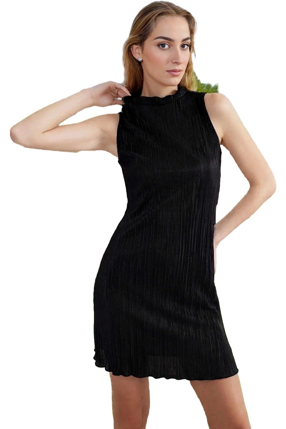 Kadın A Kesim Piliseli Mini Elbise Dik Yaka Kolsuz Polyester Yazlık Şık Abiye Günlük Kullanım