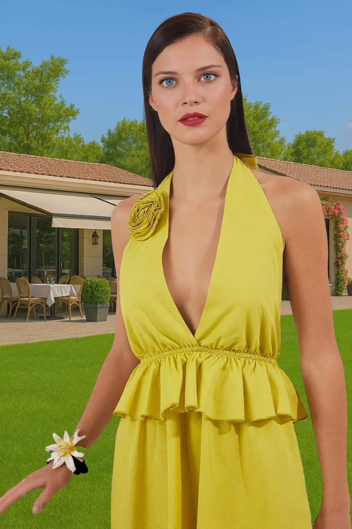 Kadın Mini Elbise V Yaka Volanlı Gül Aplikeli Pamuk Yazlık Günlük Kullanım Kaliteli Malzeme
