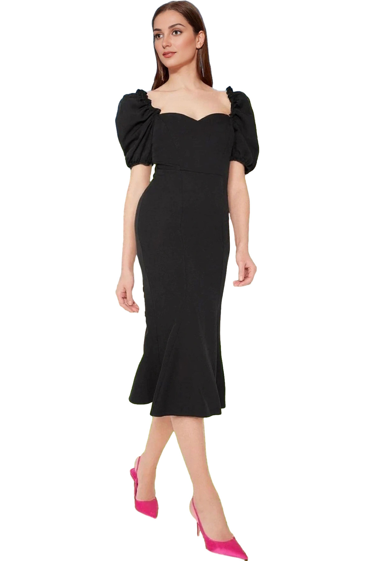 Kadın Midi Boy Bodycon Dokuma Abiye Elbise Balon Kol Kalp Yaka Özel Tasarım Günlük Kullanım