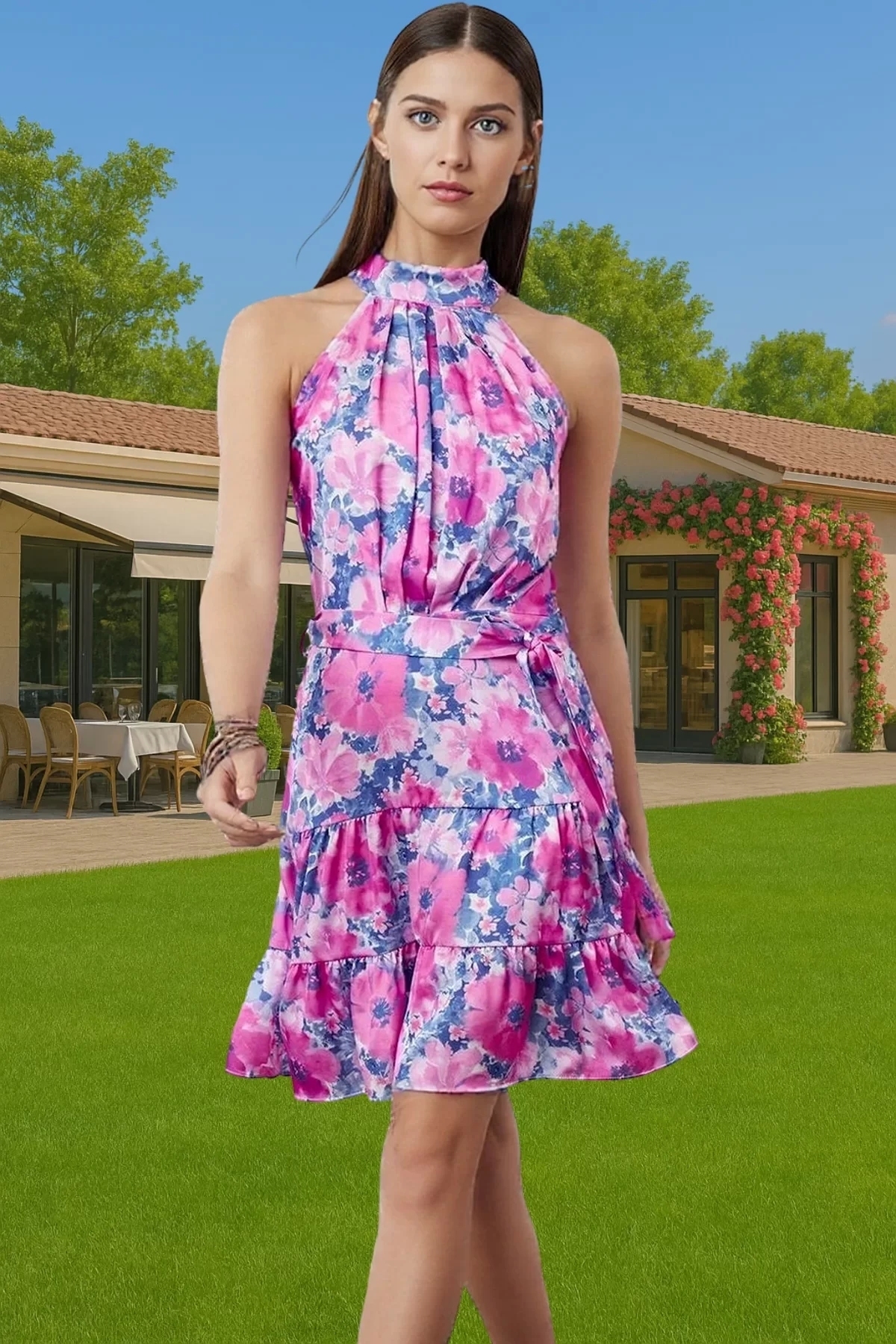 Kadın Çiçek Desenli Mini Saten Elbise Halter Yaka Yazlık Günlük Yaz Aylarının Vazgeçilmezi