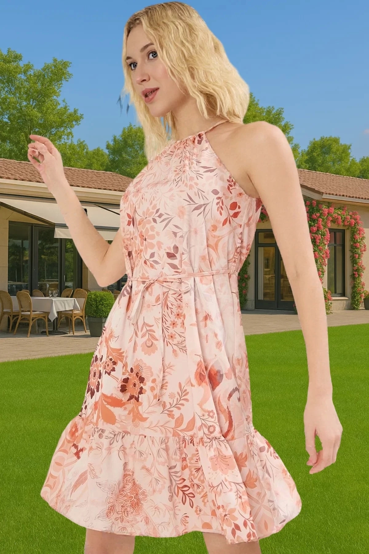 Kadın Çiçekli Desenli Mini Şifon Elbise Halter Yaka Yazlık Günlük Stil Yaz Aylarının Vazgeçilmezi