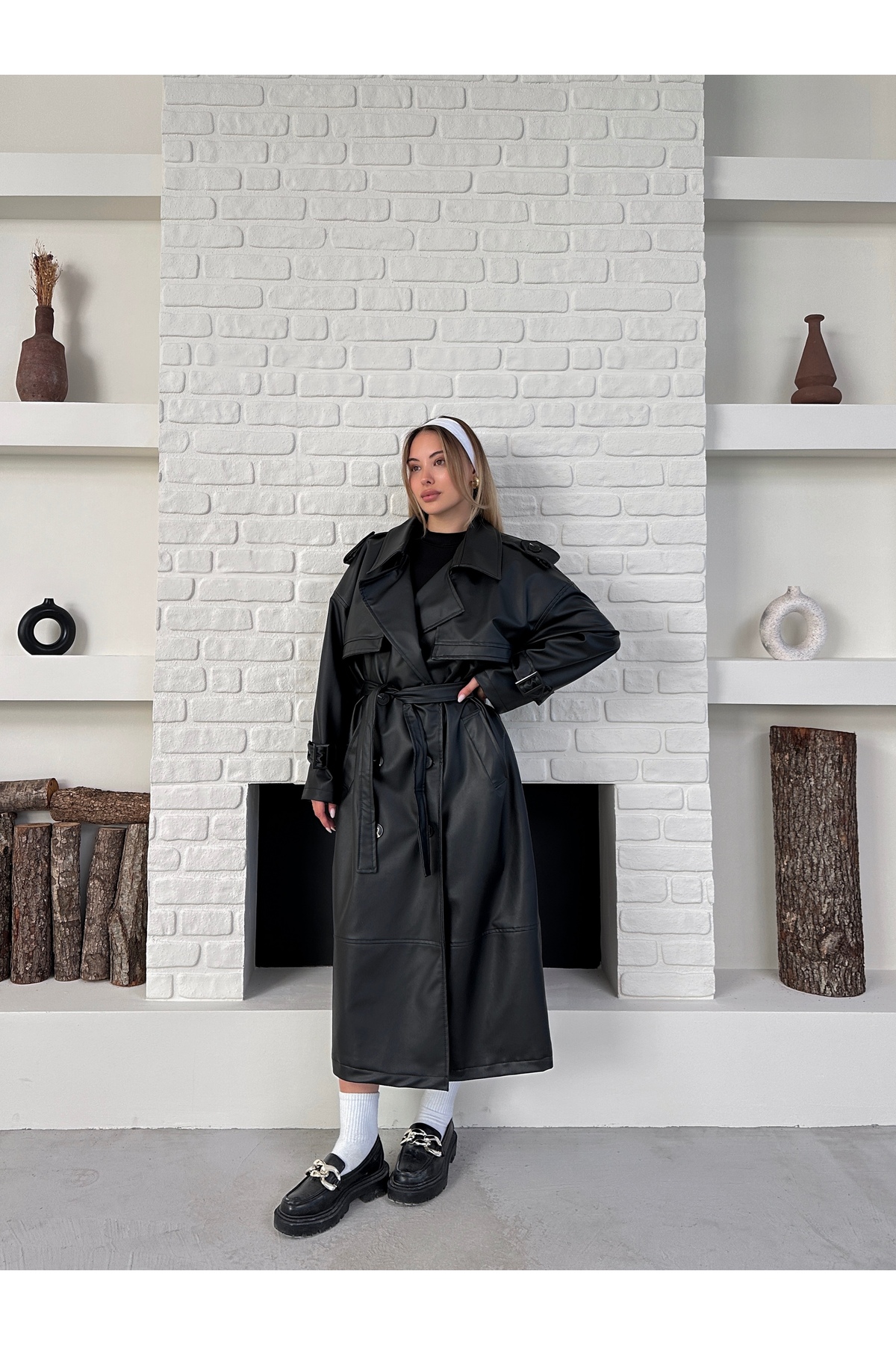 Ekim Store Yeni Sezon Kruvaze Kemerli Oversize Uzun Deri Trençkot görsel 3
