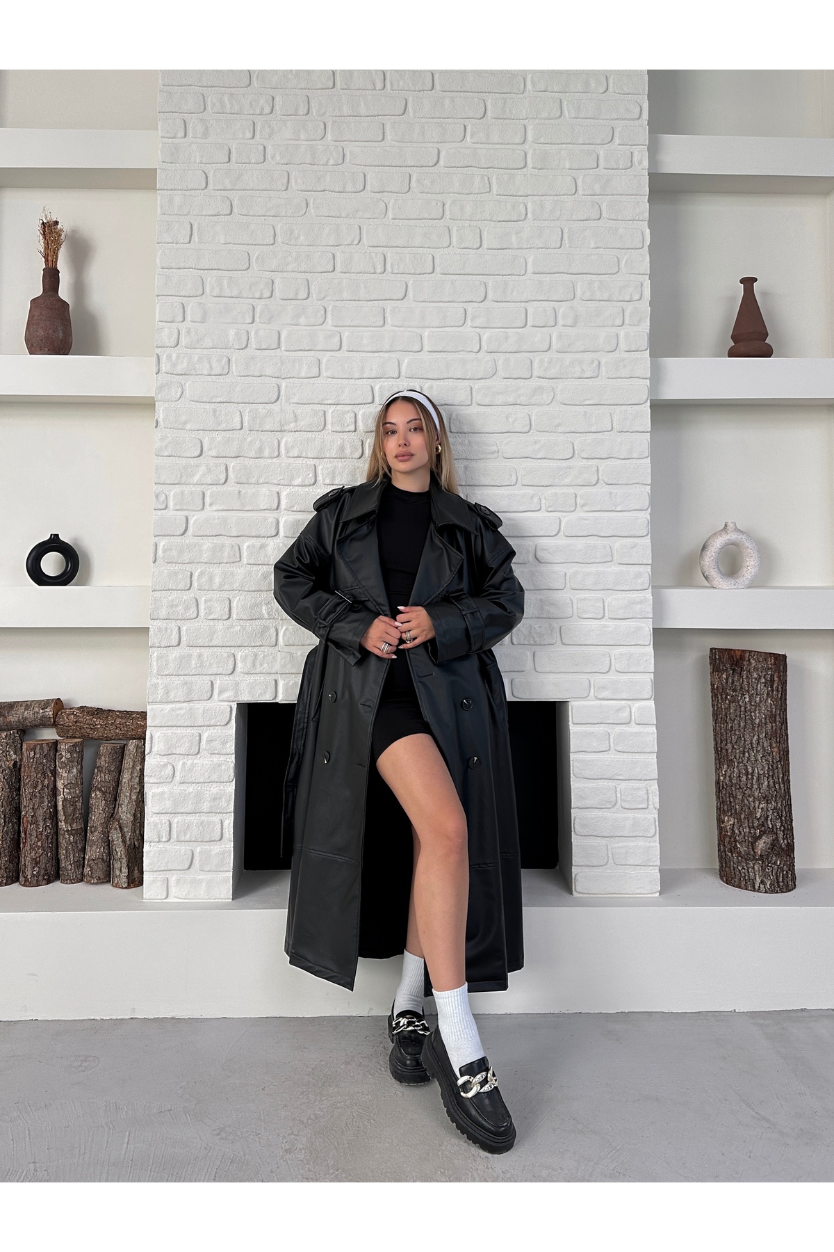 Ekim Store Yeni Sezon Kruvaze Kemerli Oversize Uzun Deri Trençkot görsel 2