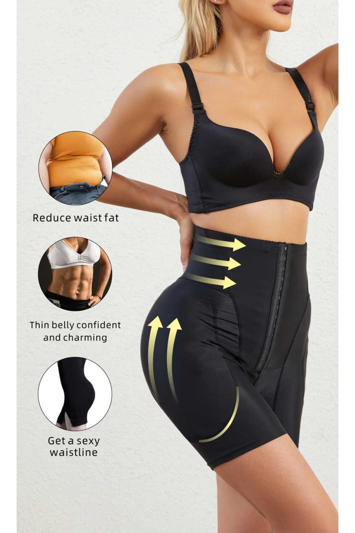 Fstyle-Black corset with side sponge pads and front control for abdominal compression 4