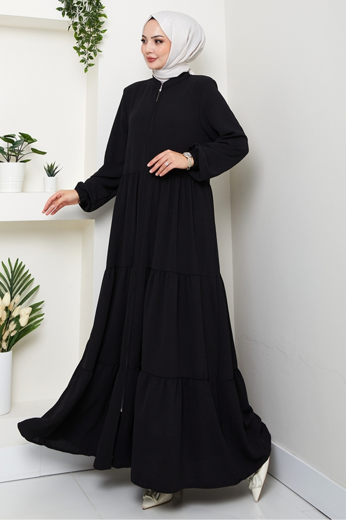 Bestenur Kat Detaylı Fermuarlı Ferace 1586 - Siyah