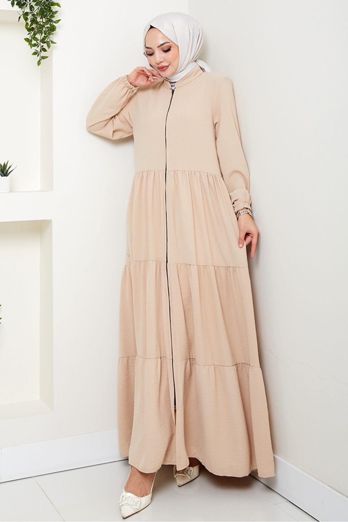 Bestenur Kat Detaylı Fermuarlı Ferace 1586 - Bej