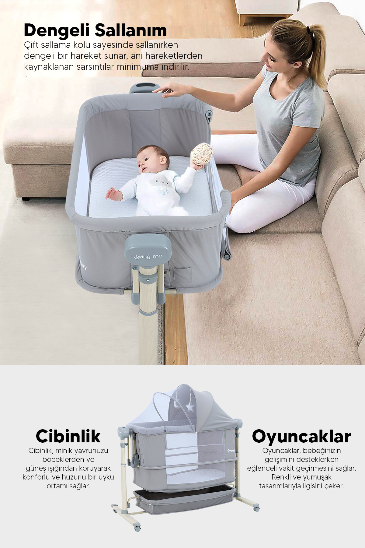 Huggy Gri Swing Me Akıllı Beşik – Otomatik Sallanabilir, Ağlamaya Duyarlı Anne Yanı Oyun Parkı fotoğrafı 6 (önizleme)