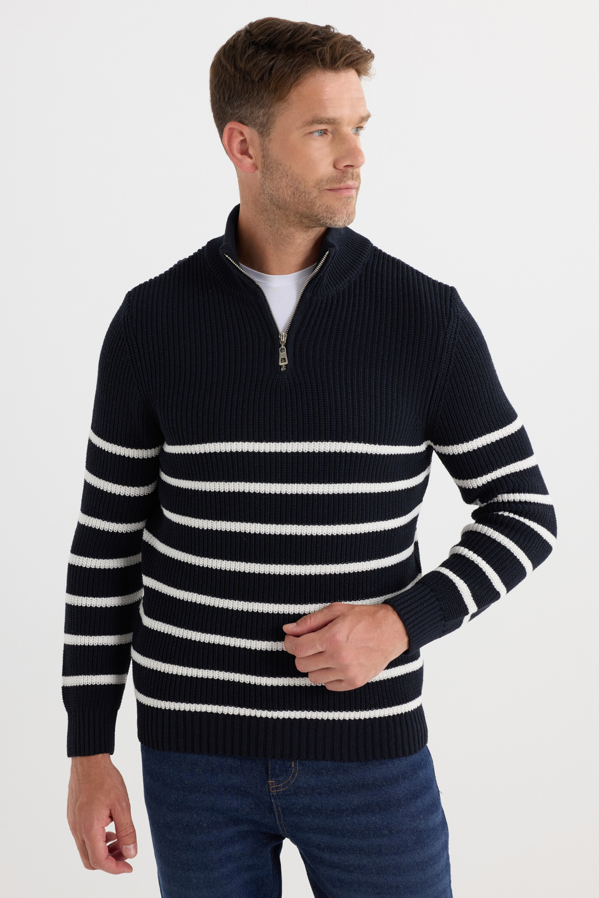 Tudors Erkek Slim Fit Fermuarlı Dik Yaka Çizgili Pamuklu Kazak