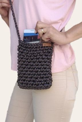 Masal Kadın Kahverengi El Yapımı Örgü Telefon Çantası minibag