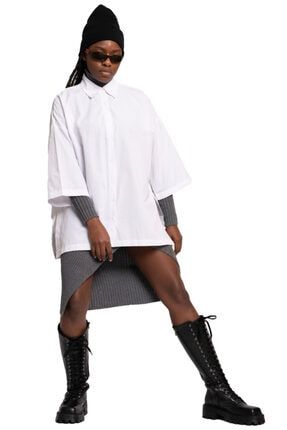 Kadın Beyaz Fakir Kol Oversize Gömlek 0309/033